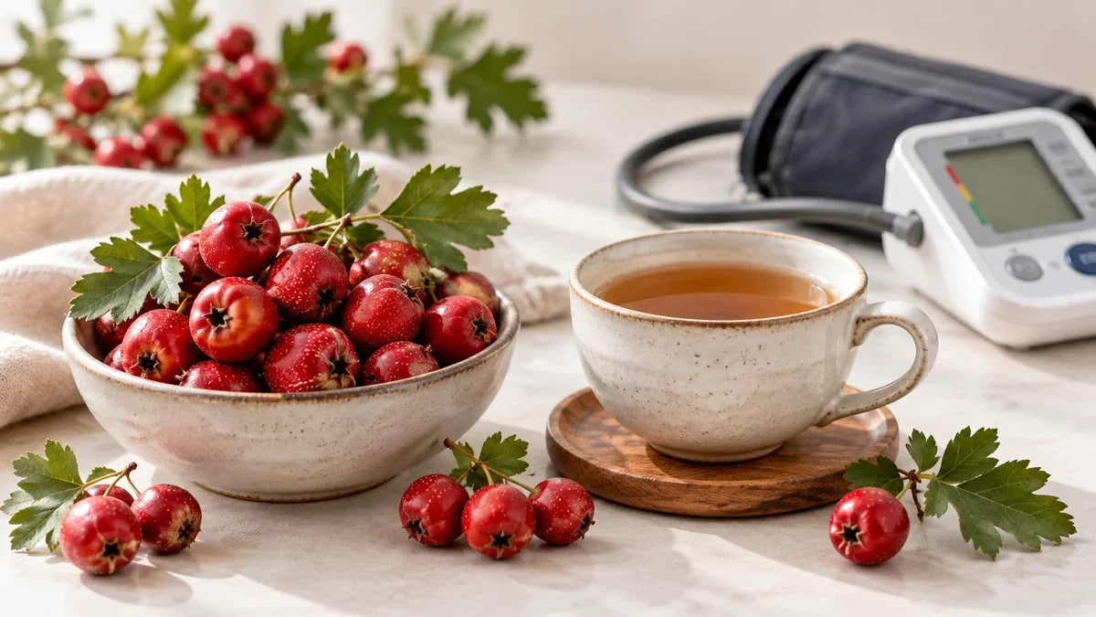 Bowl of fresh hawthorn berries and a cup of tea beside a home blood pressure monitor