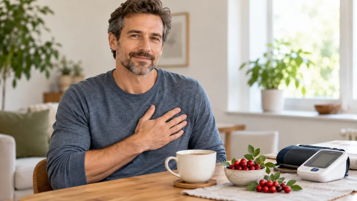 Cup of tea, fresh hawthorn berries, and a home blood pressure monitor on a kitchen table