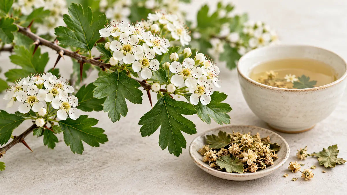 White hawthorn blossom on a thorny twig with green leaves beside a bowl of dried flower and leaf and a cup of tea