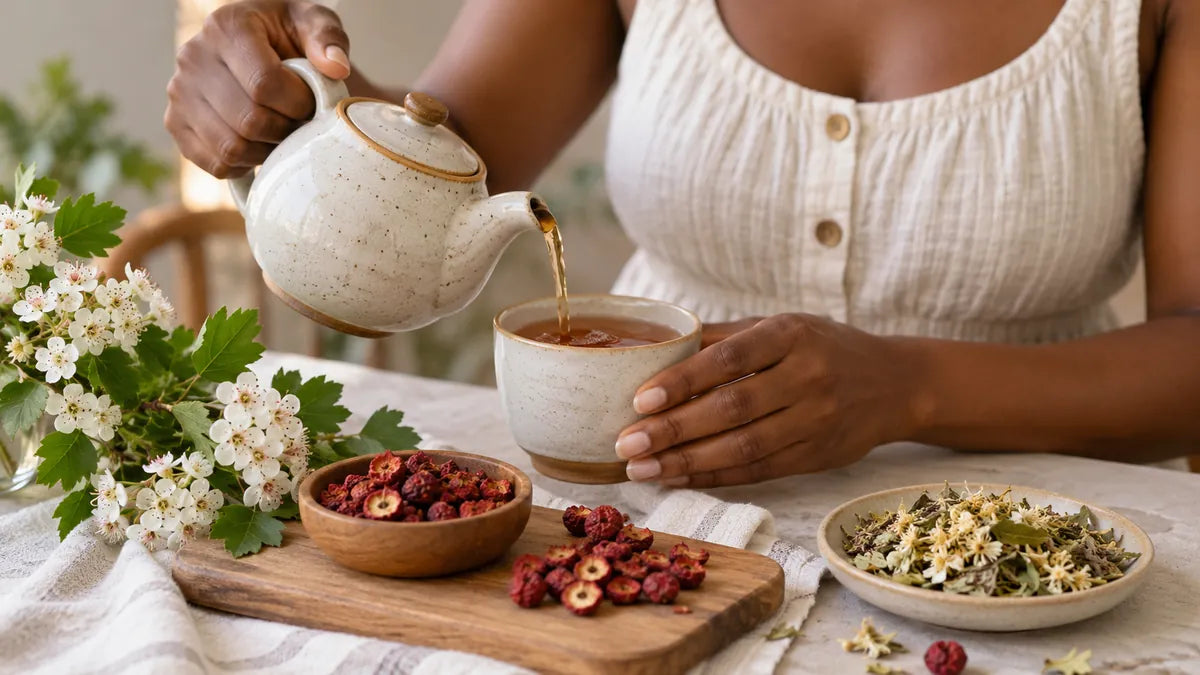 Woman pouring hawthorn tea from a teapot beside hawthorn blossoms and dried berries
