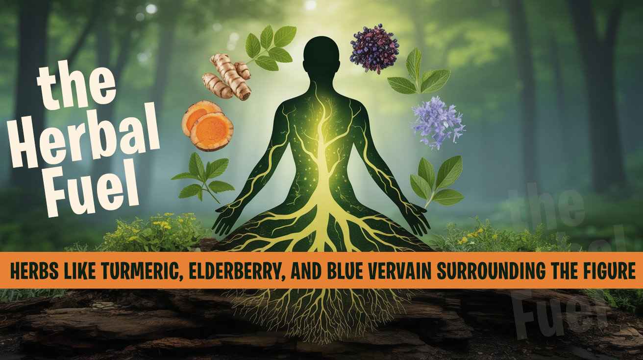 roots in the ground, branches reaching up, herbs like turmeric, elderberry, and blue vervain surrounding the figure